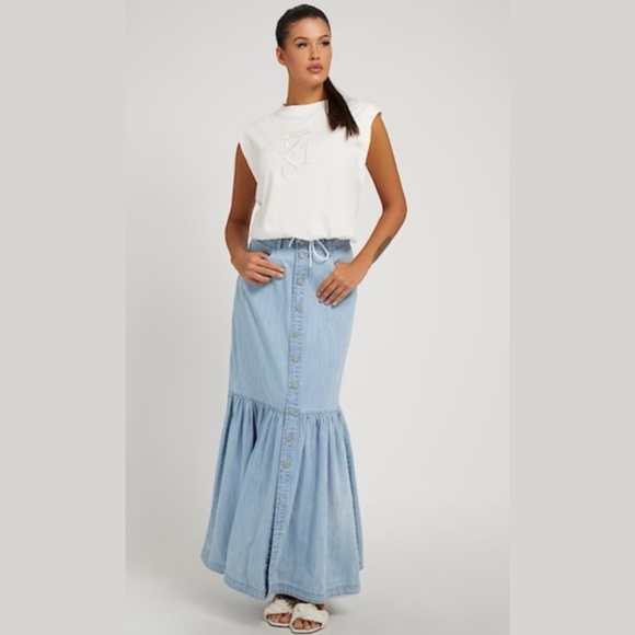 High Waist Button Fly Mermaid Hem Denim Skirt - Picture 1 of 12